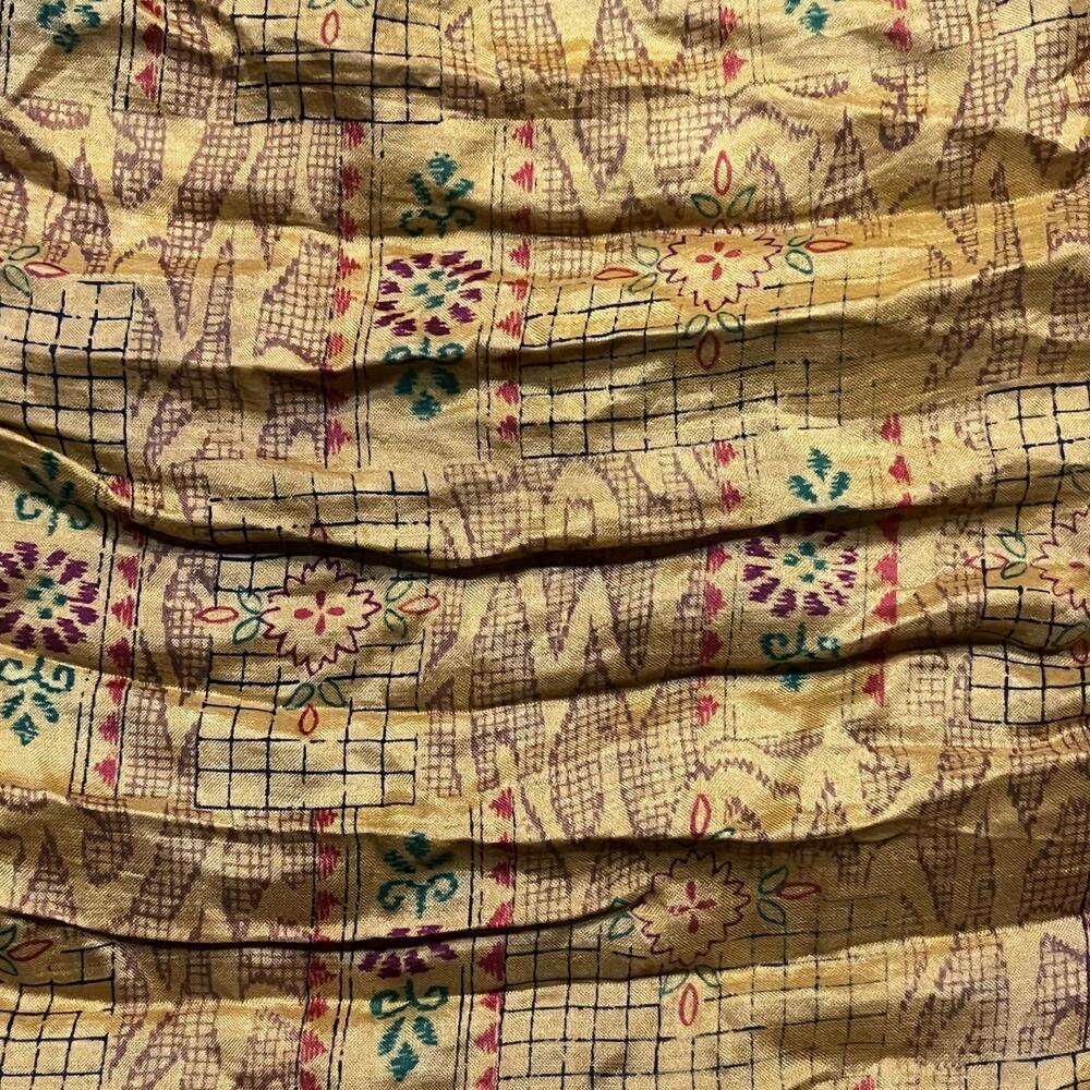 Vintage 100% Silk Boho Scarf Mustard Geometric Floral Print Pom Trim 20x67 